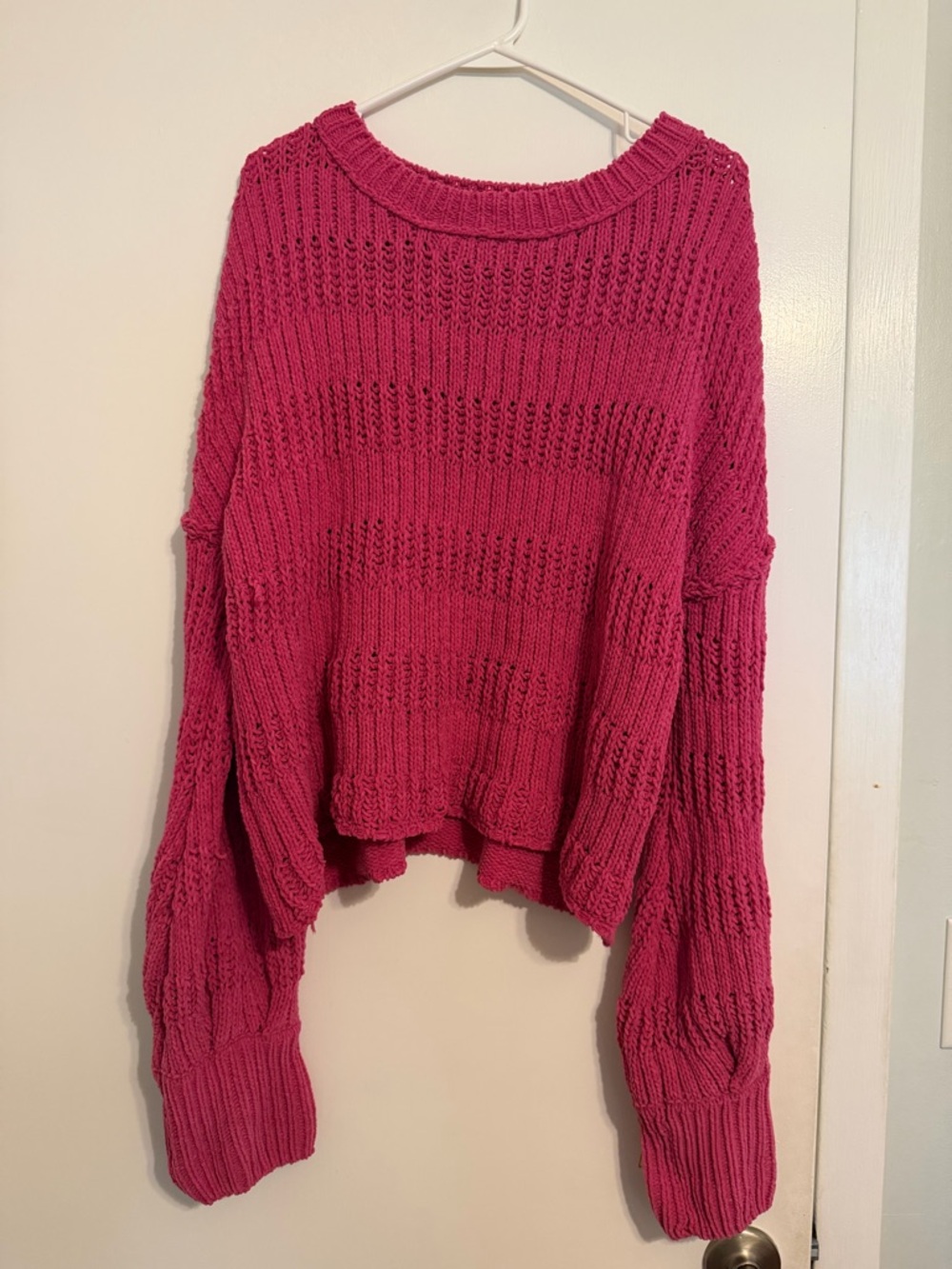 Women's Fuchsia Open-Knit Crewneck Sweater